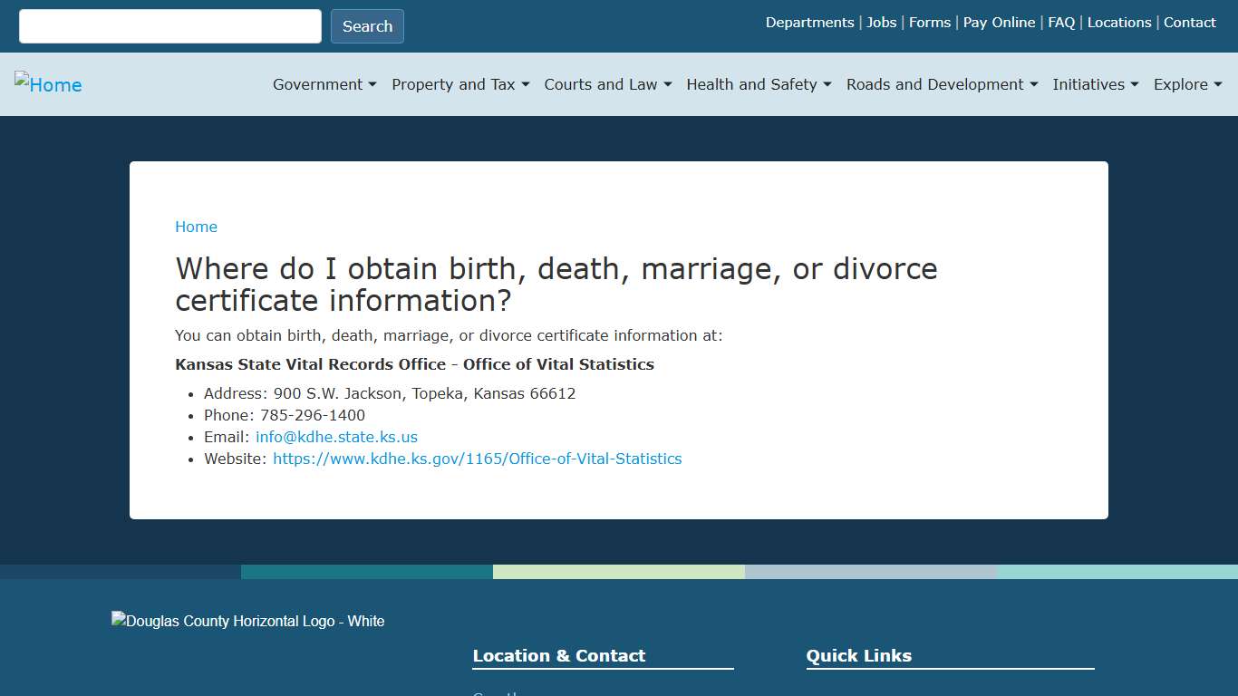 Where do I obtain birth, death, marriage, or divorce certificate information? Douglas County KS